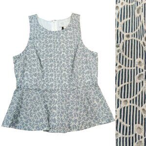 NEW Anthropologie HD in Paris Peplum Top Sleeveless Striped Eyelet Blue Size 8